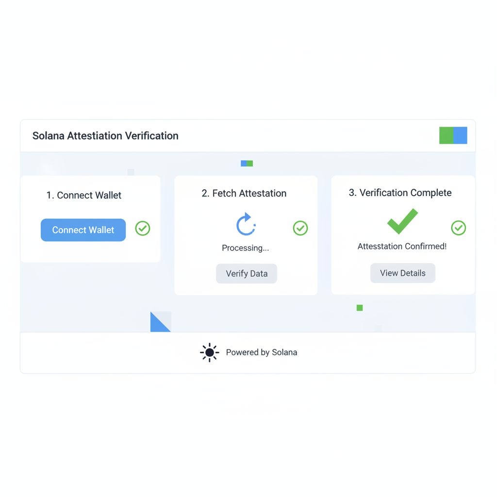 Web app UI verifying Solana attestation, wallet connect button, green checkmarks