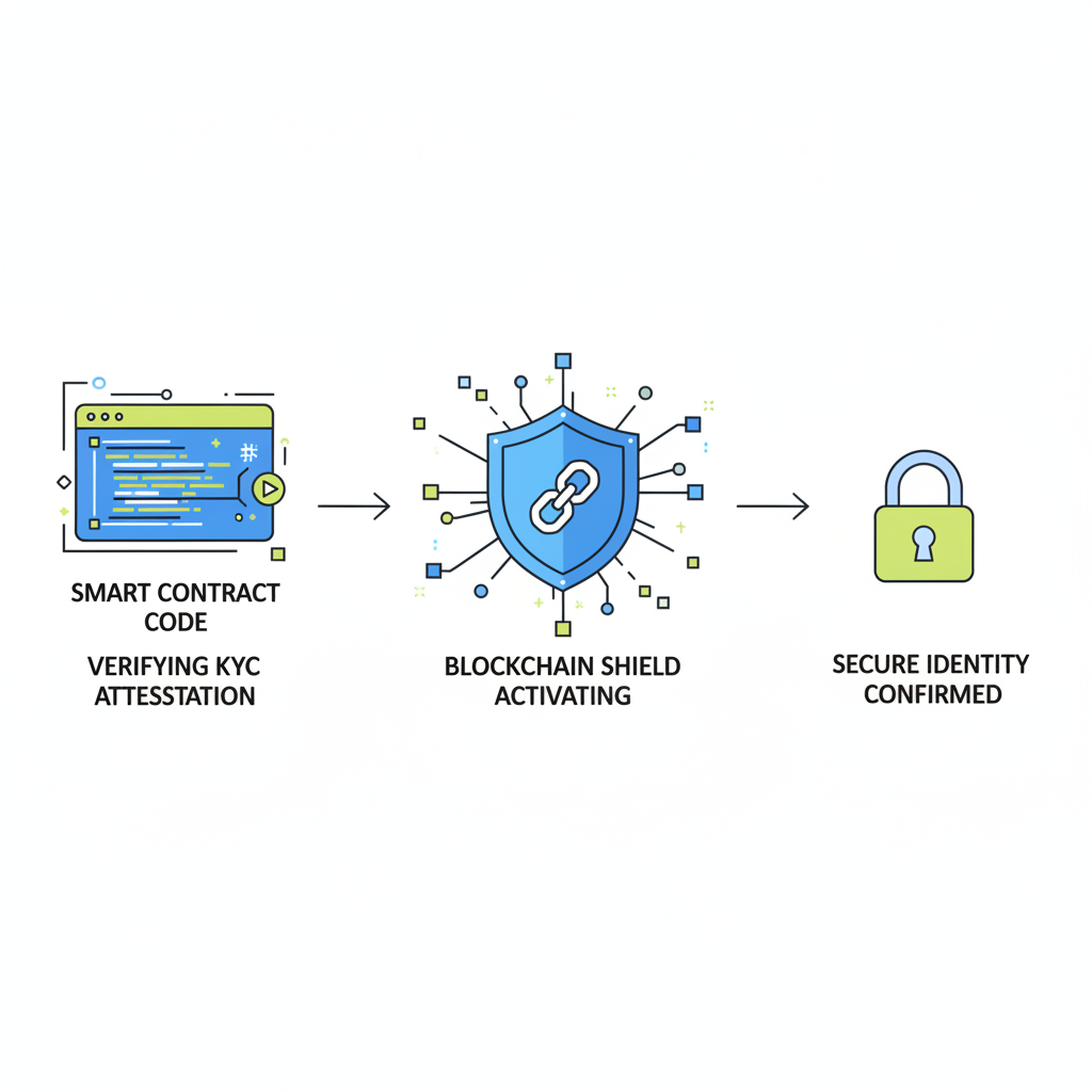 smart contract code verifying KYC attestation, blockchain shield icon activating