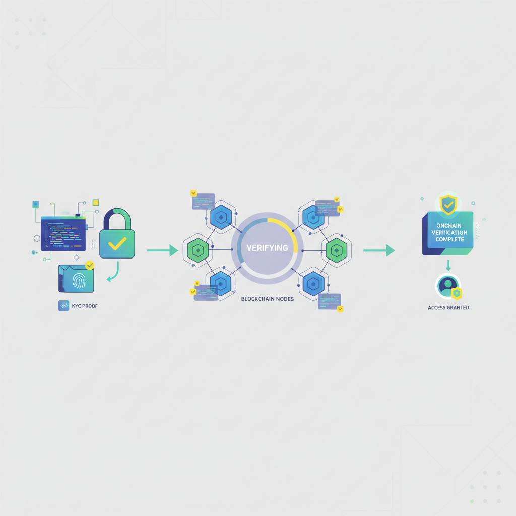 smart contract code verifying onchain KYC proof, blockchain nodes connecting, code snippets glowing