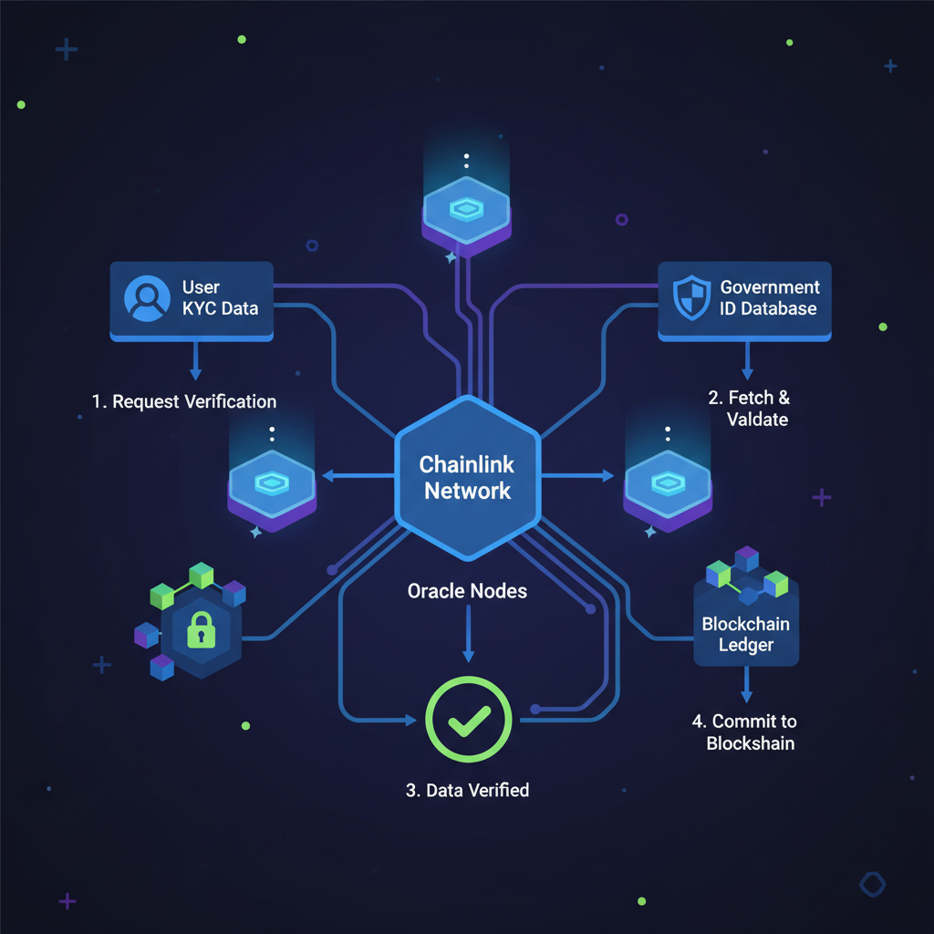 Chainlink oracle network verifying KYC data on blockchain, ethereal data streams connecting nodes, sci-fi aesthetic