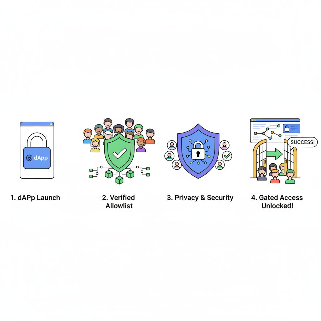 Web3 dApp launch gated access success, users entering verified allowlist, privacy shield icons blockchain