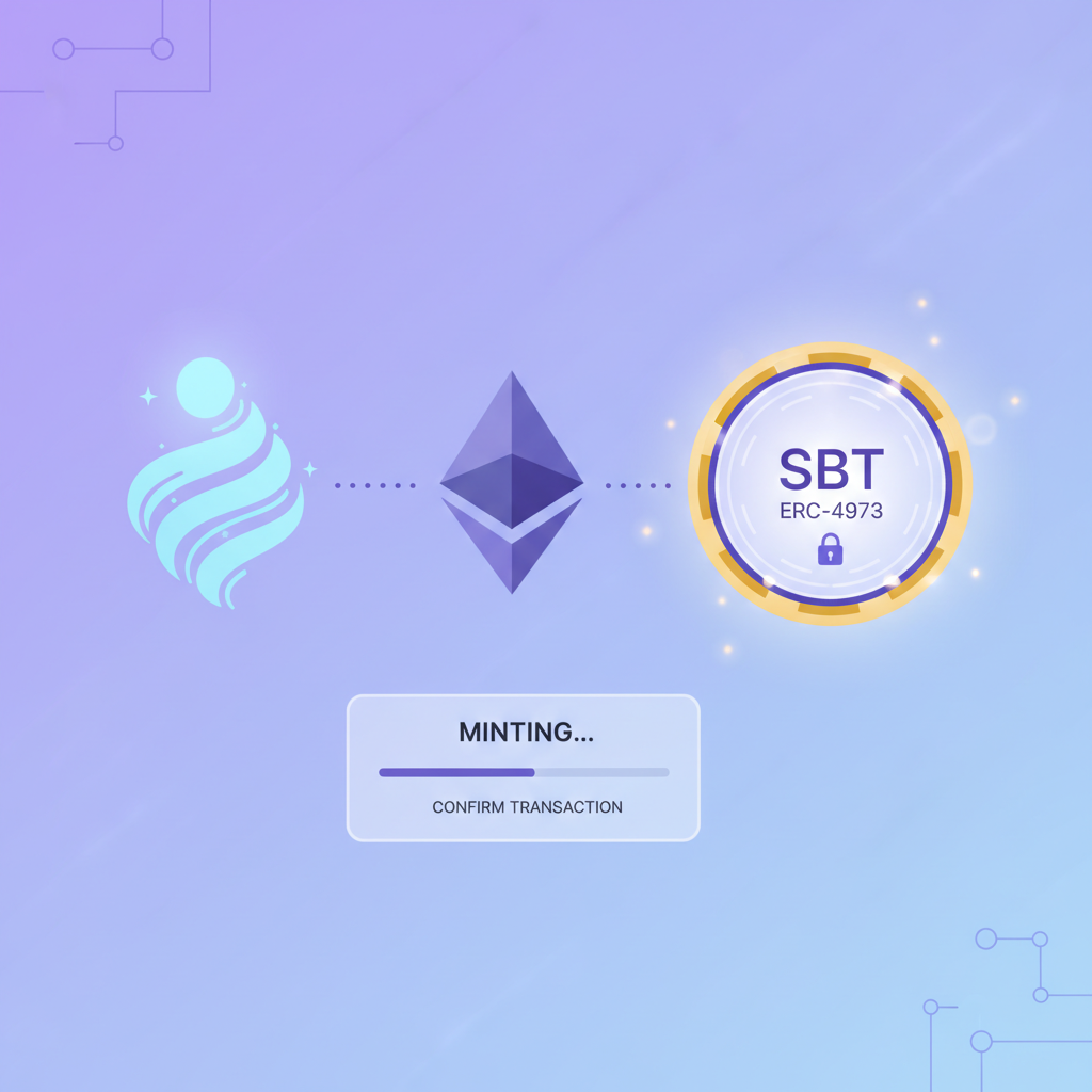 minting glowing soulbound token SBT on Ethereum blockchain, ERC-4973 standard, ethereal digital soul