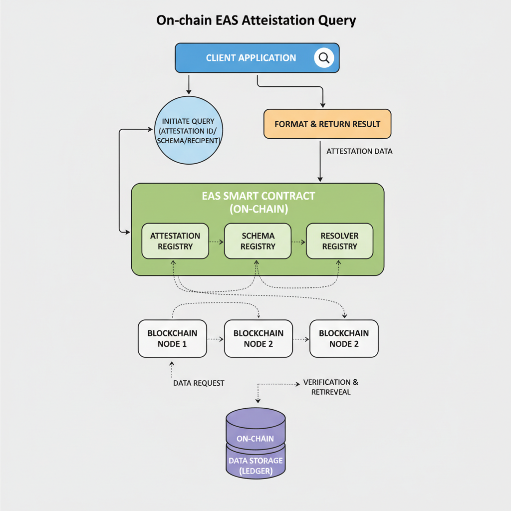 On-chain EAS attestation query flowchart, blockchain nodes connected, data flow visualization