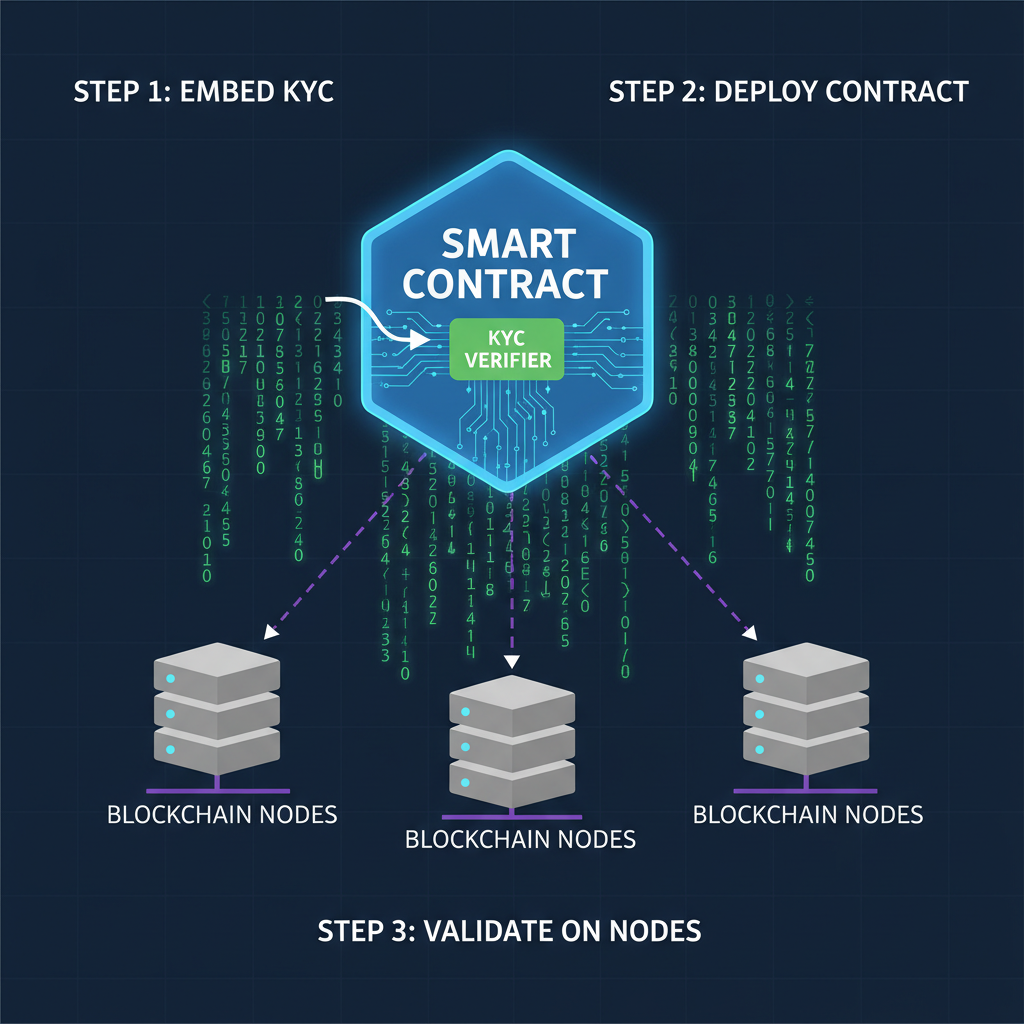 smart contract code embedding KYC verifier, blockchain nodes connecting, code rain matrix effect