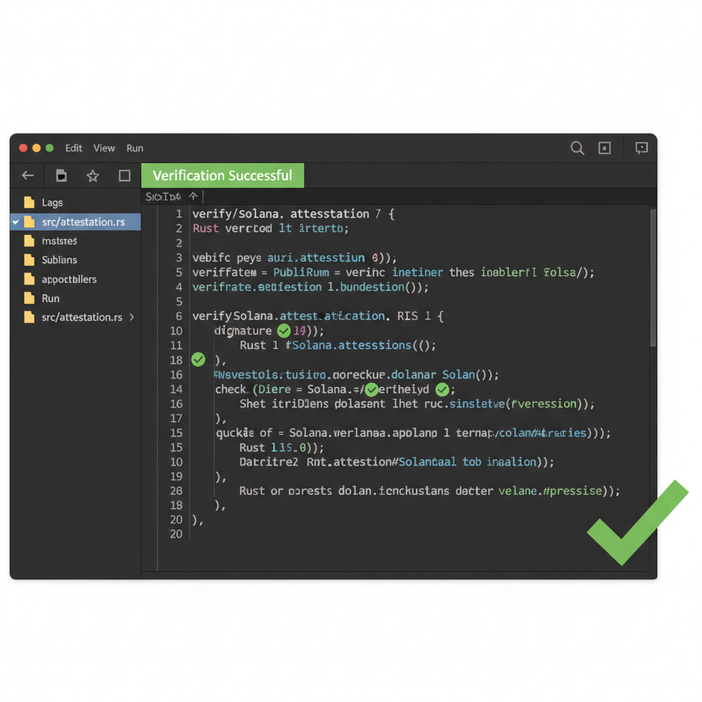 Rust code snippet verifying Solana attestation in IDE with green checkmarks