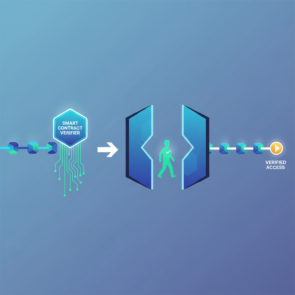 deploying smart contract verifier on blockchain, gates opening for verified users, futuristic code matrix