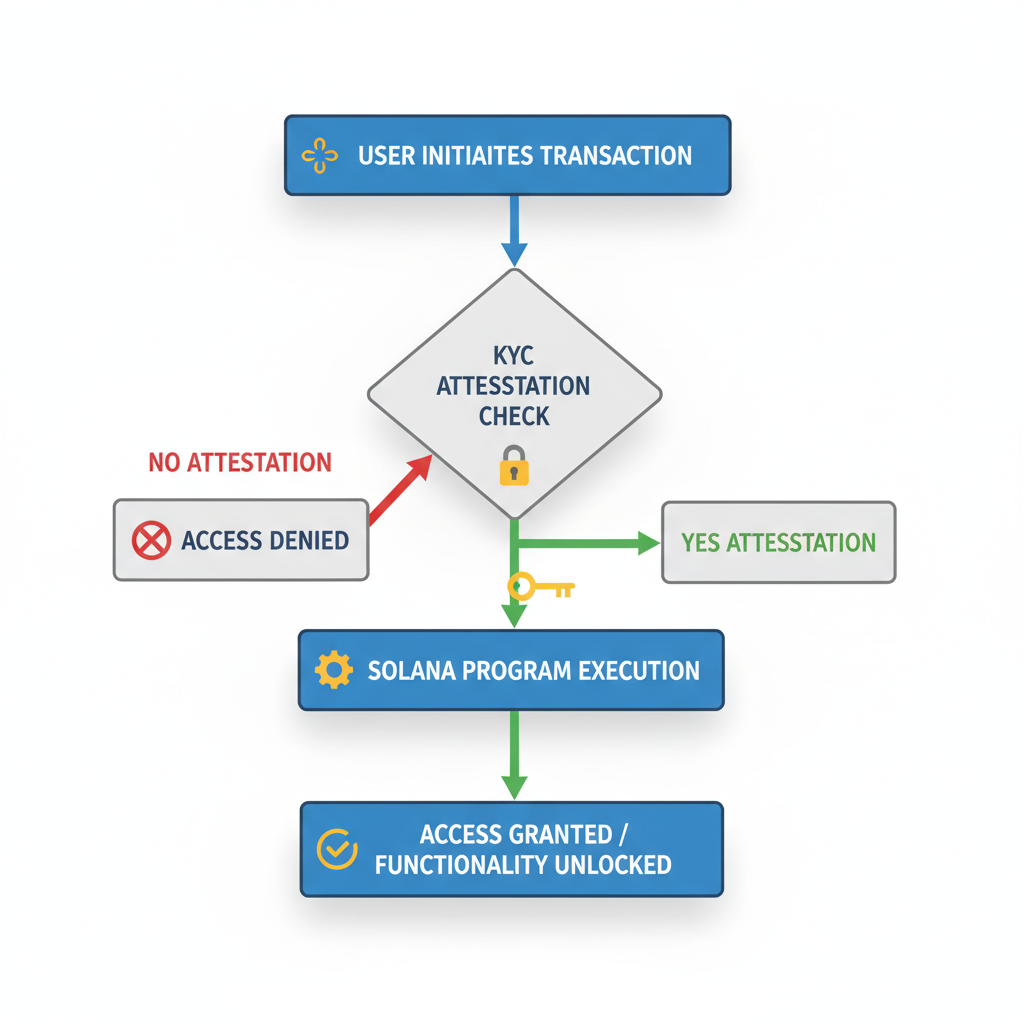 Solana program flowchart gating access with KYC attestation lock and key