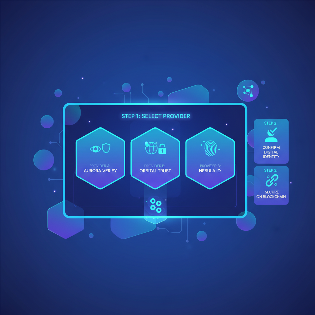 futuristic blockchain KYC provider selection dashboard, neon blues, digital identities floating