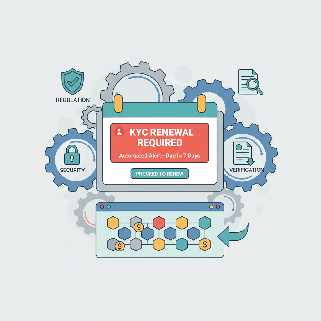 automated calendar alert for KYC renewal on blockchain dashboard, clock gears turning with compliance badges
